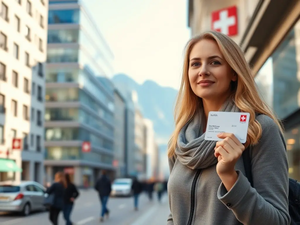 A person holding a health insurance card, symbolizing access to healthcare and financial protection against medical expenses, set in a modern Swiss city.