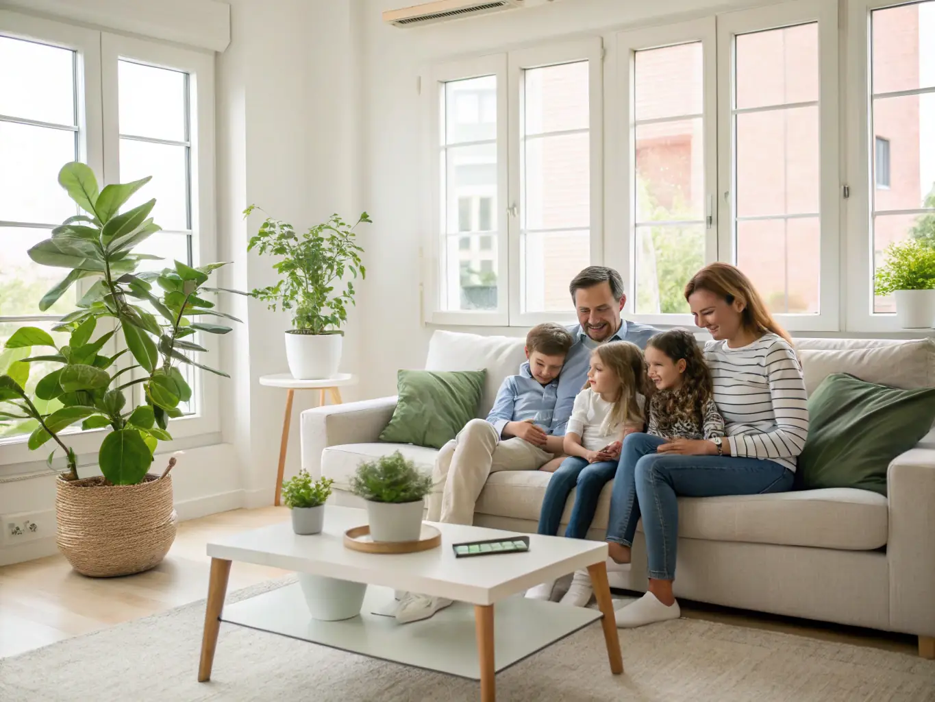 A family happily gathered around a model house, car, and pet, symbolizing comprehensive insurance coverage for various aspects of life, set in a cozy Swiss home.